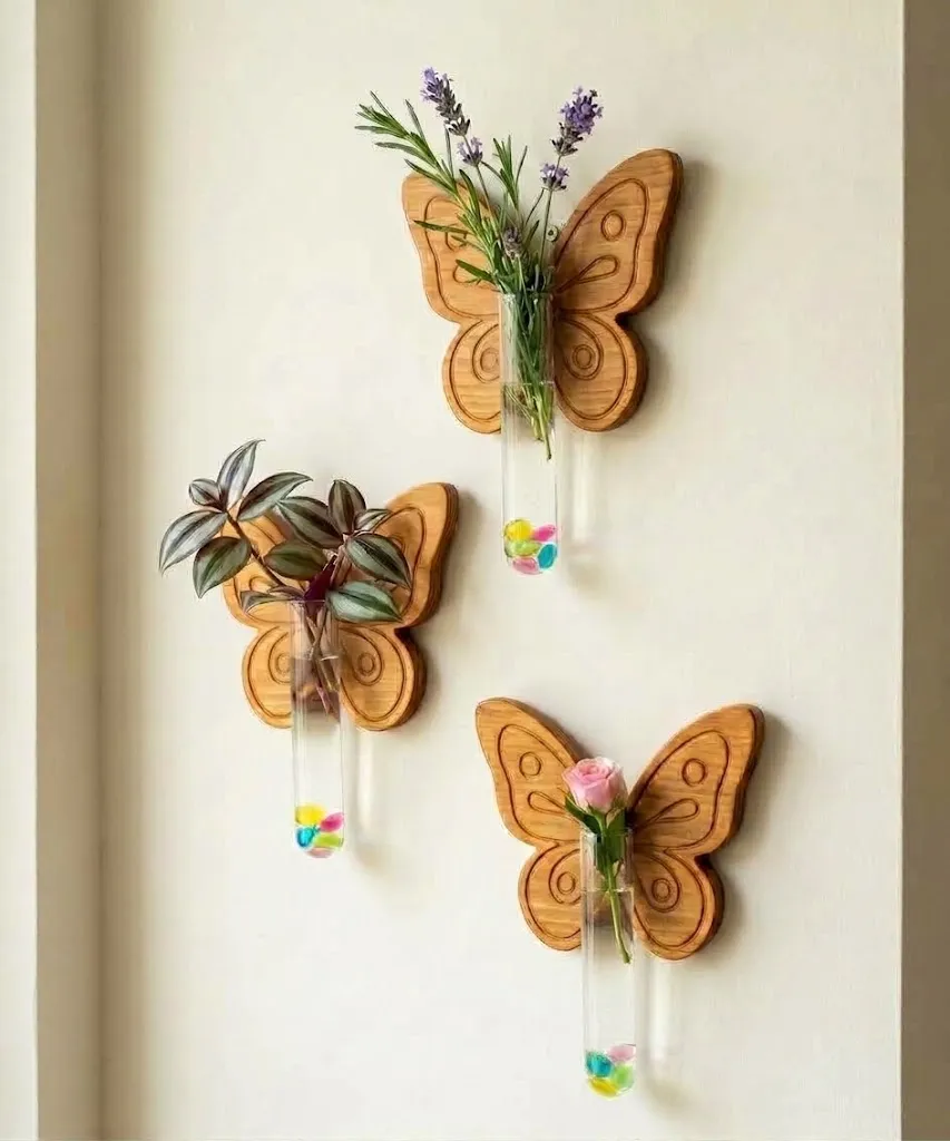 Three carved wooden butterflies mounted on a wall, each holding a glass tube with a plant cutting or flower.